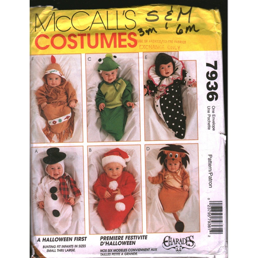 Vintage 1995 McCall's 7936 Infant Bunting Costumes Sewing Pattern S-M Lion Santa